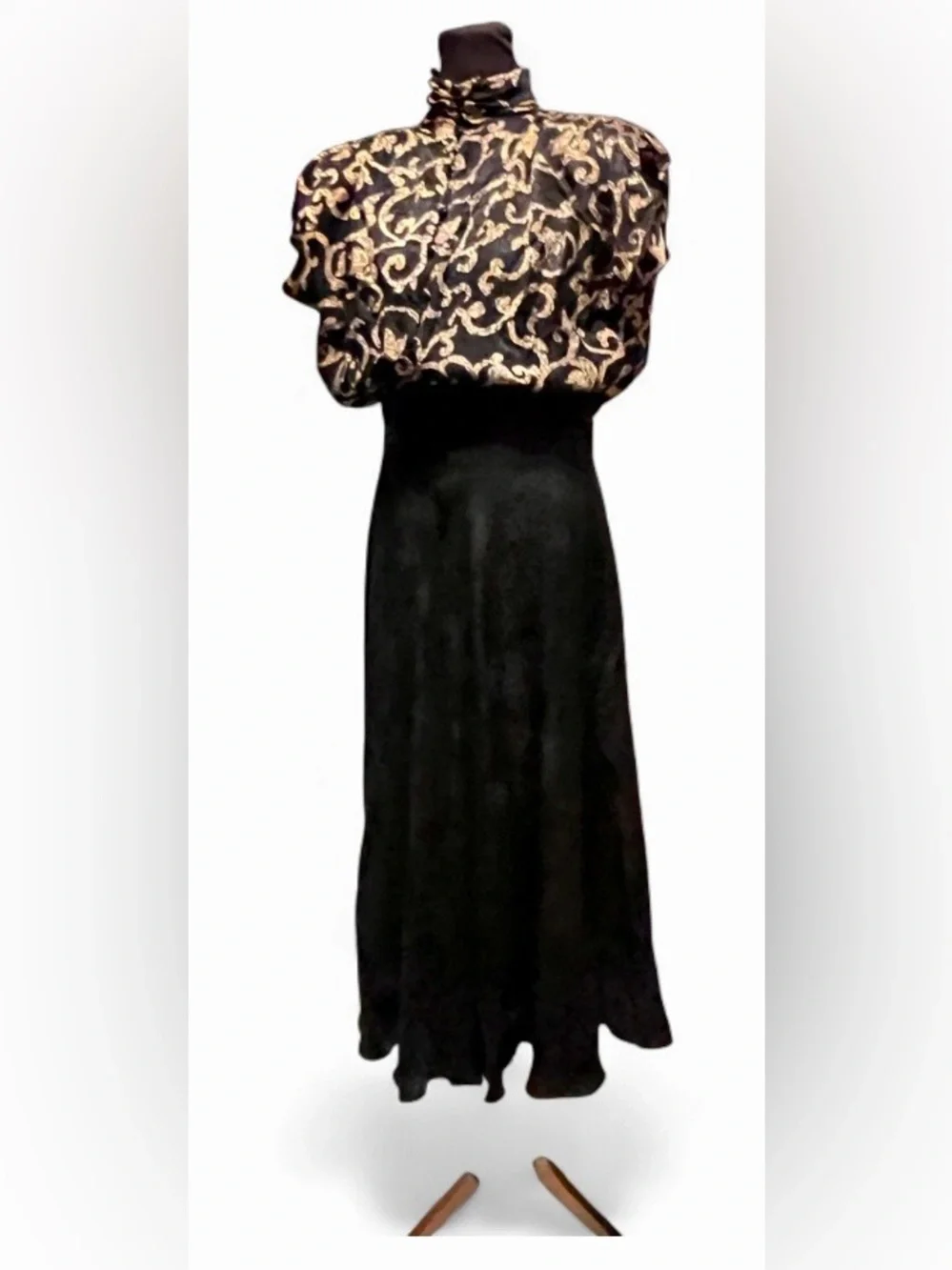 Vintage Maggy London Silk Maxi Dress with Gold Scroll Print Bodice